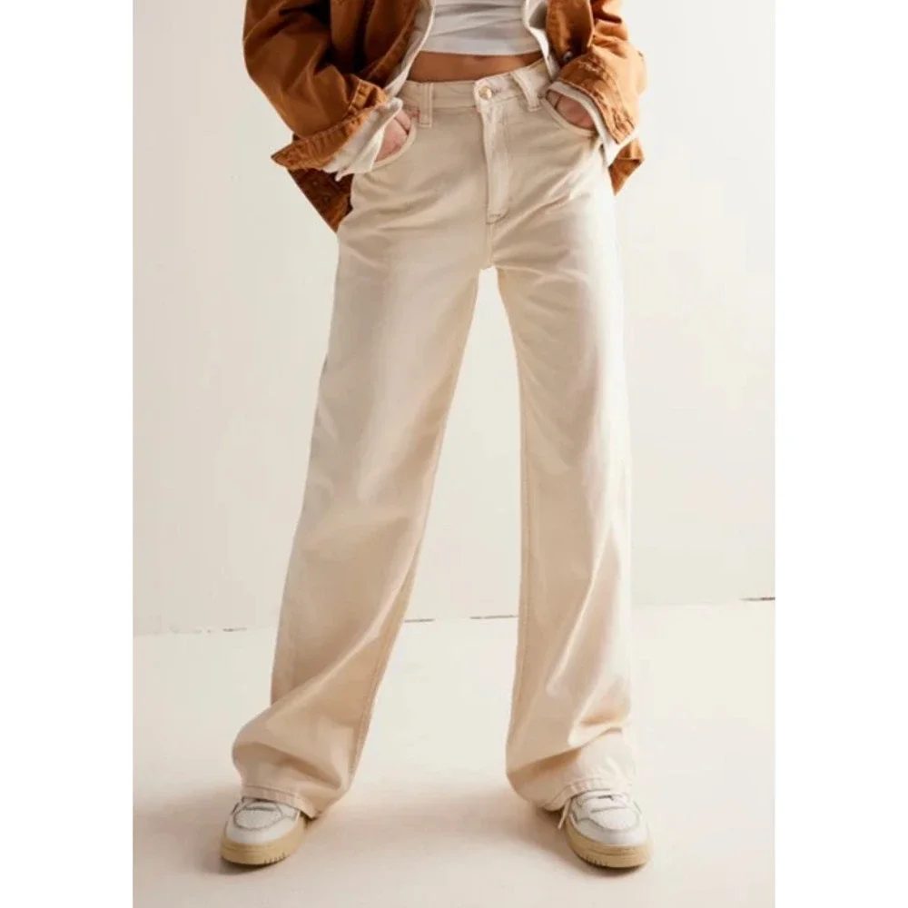 NEW FREE PEOPLE WE THE FREE ECRU TINSLEY BAGGY HIGH RISE STRAIGHT LEG JEANS 32